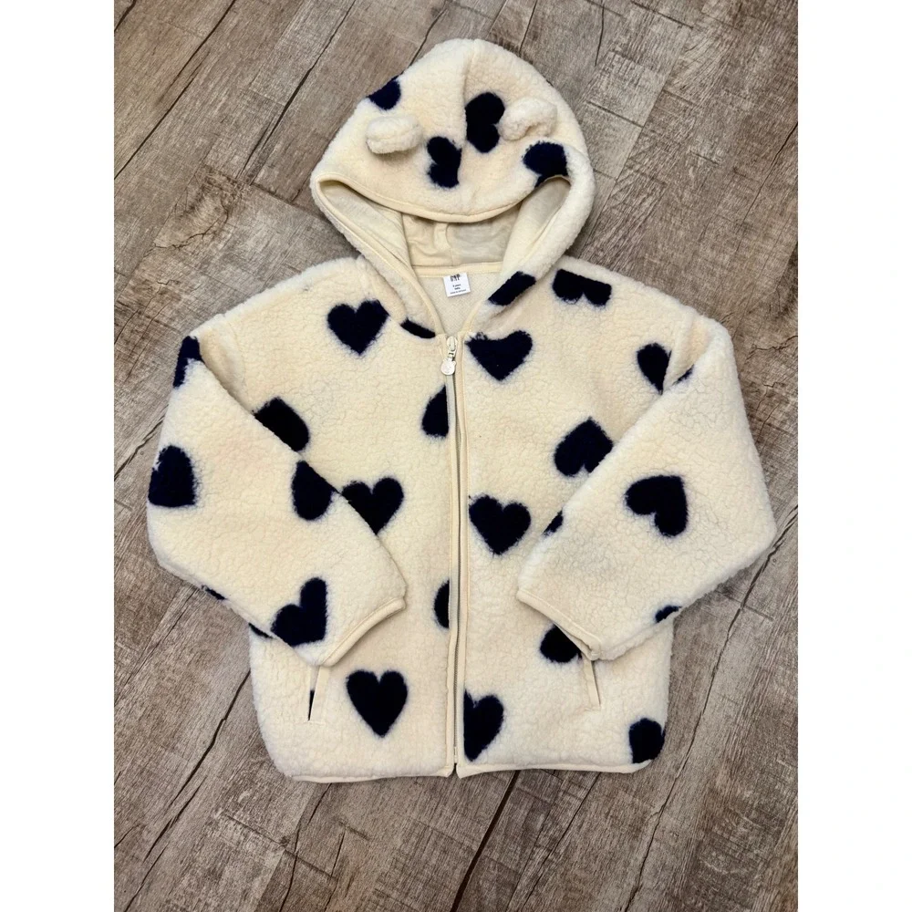 Baby Gap Kids Sherpa Fleece Heart Hoodie Bear Ears Zip Up Jacket Cream Navy 5Y